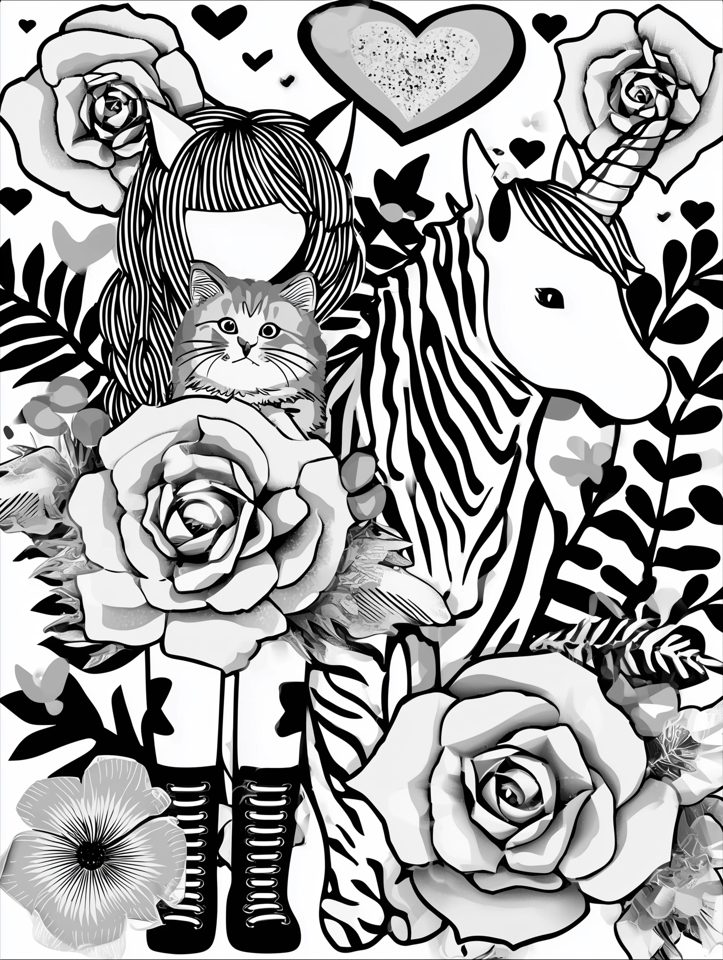 Free printable unicorn coloring page for adults featuring a cat and girl on a unicorn back